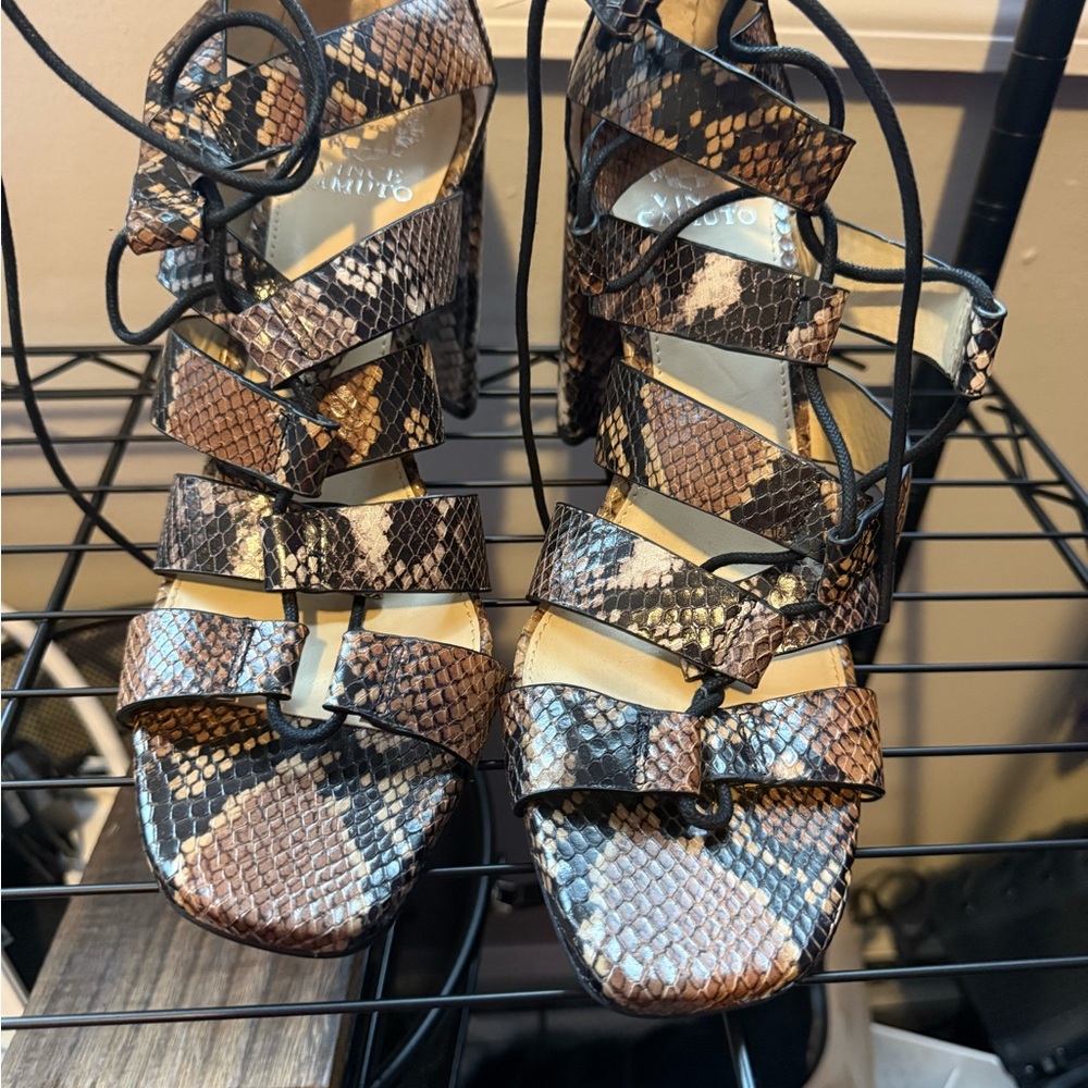 Vince Camuto Brown Snakeskin Lace-Up Heels